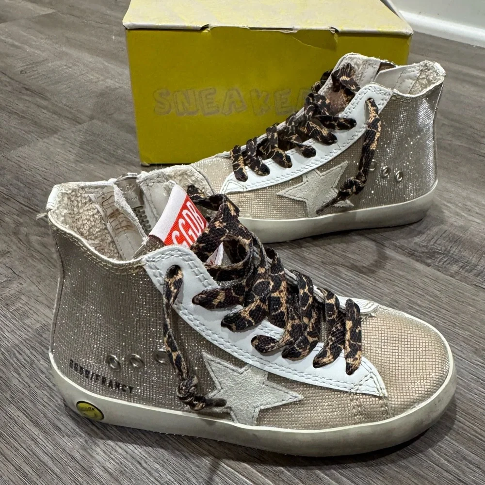 Golden Goose Francy Checkered Glitter Upper Leopard Print Laces High Top Sneaker